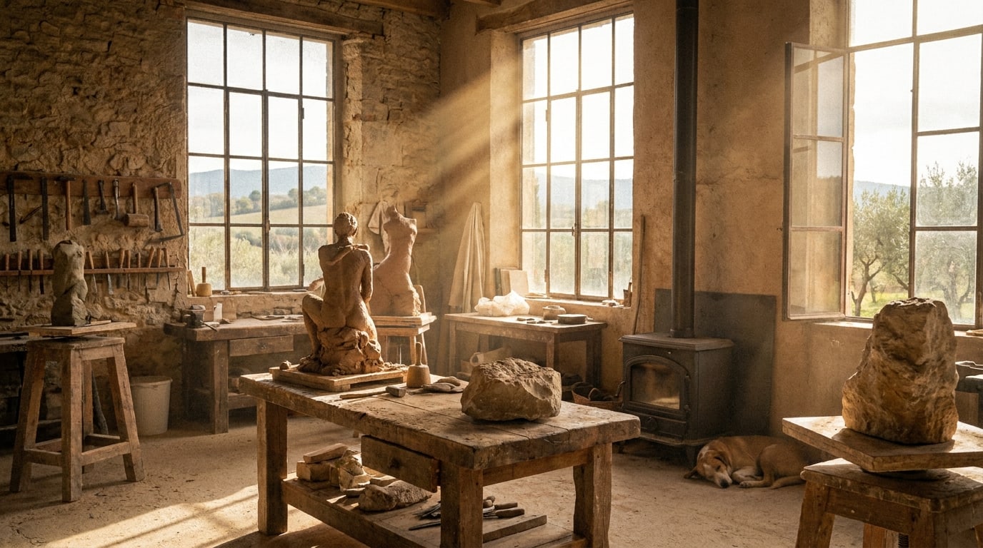 Atelier d'Augustin Møller en Provence, sculptures en cours